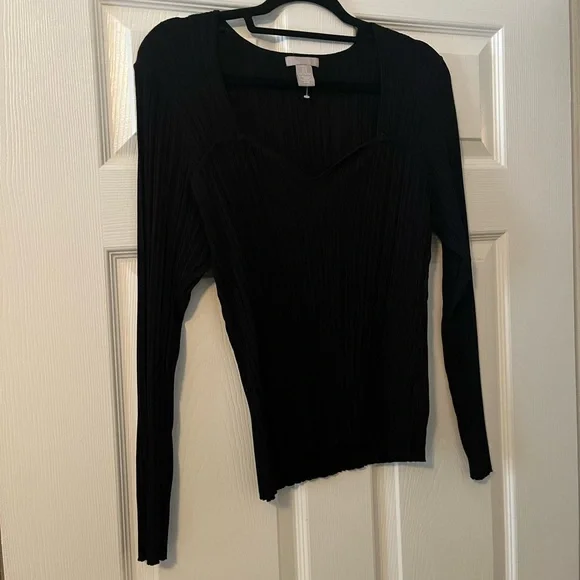 🖤H&M Black Ribbed Long Sleeve Sweetheart Neckline Top Winter Fall Size Medium🖤 - Picture 4 of 9